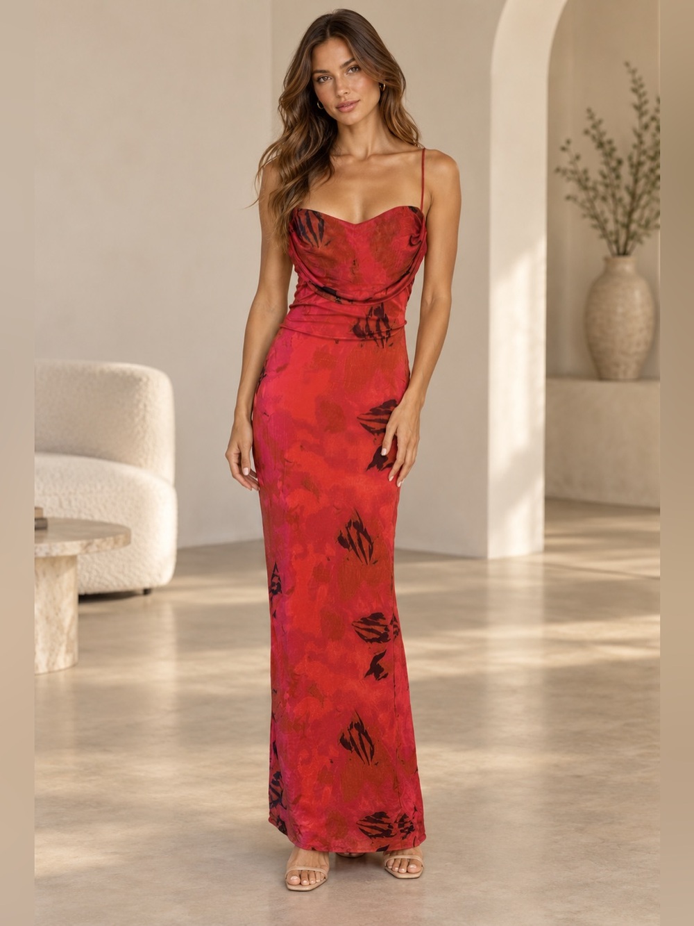 Luxxel Red Orange Black Floral Mesh Lace Up Corset Tank Maxi Dress Y2K Large